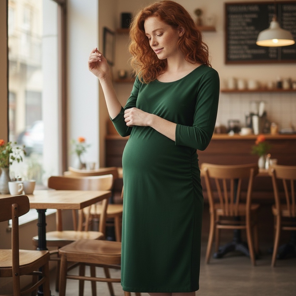 ISABEL MATERNITY sz Large Dress Long Sleeve Ruching Earthy Forest Green